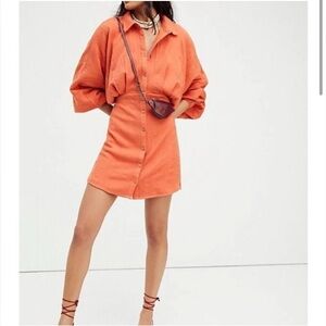 Free People Moni Mini Boho Orange Cotton Linen Shirt Dress Women's Size Small